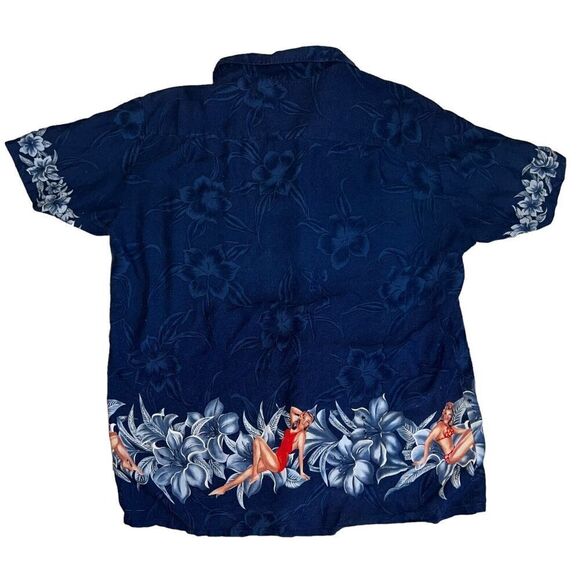 Kennington Hawaiian Shirt Size Large Bikini Girl Floral Graphic Button Down Blue - Picture 2 of 4